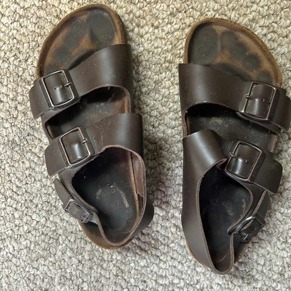Dark brown leather Birkenstocks with back strap